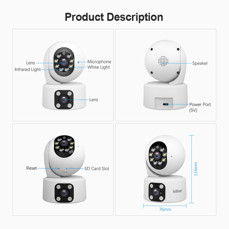 SH049: Dual Lens PTZ Camera with Night Vision, Full HD Audio, and SD Card Storage