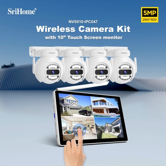 NVS010 SriHome Kit Video Sorveglianza WiFi 4 Telecamere 5MP con Monitor 10.1"