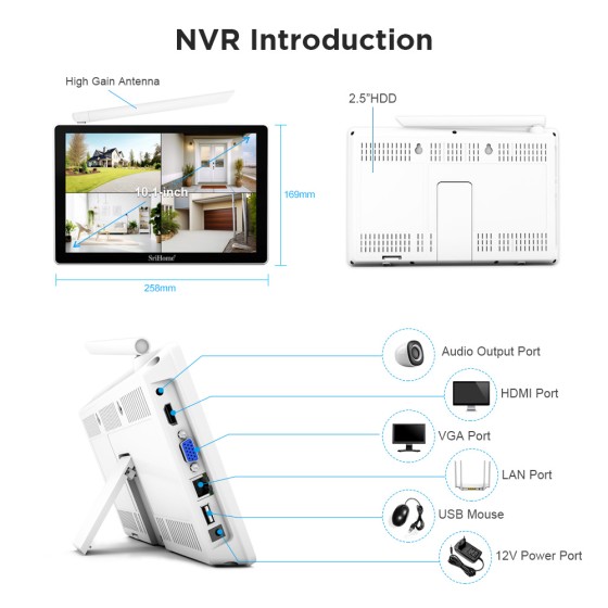 NVS010 SriHome Kit Video Sorveglianza WiFi 4 Telecamere 5MP con Monitor 10.1"