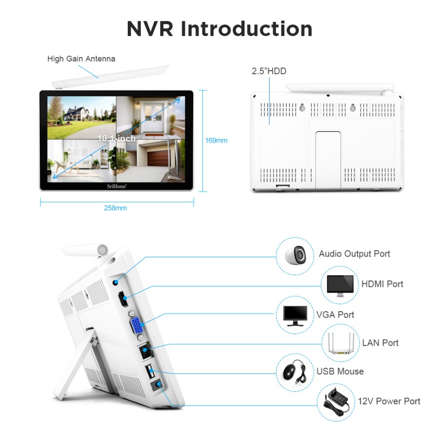 NVS 010 SriHome WiFi Video Surveillance Kit 4 5MP Cameras with 10.1" Monitor