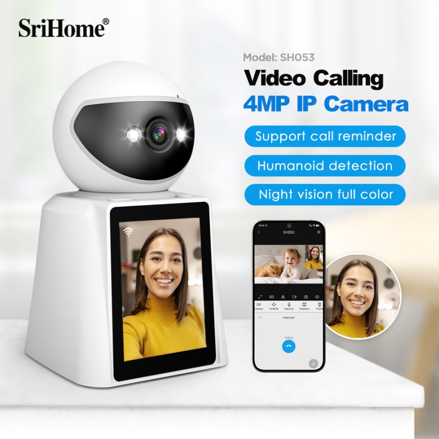 SRIHOME SH053 PTZ  Camera, 4MP FHD, schermo 2,8 pollici, videochiamate bidirezionali Rilevamento umanoide,Night Vision