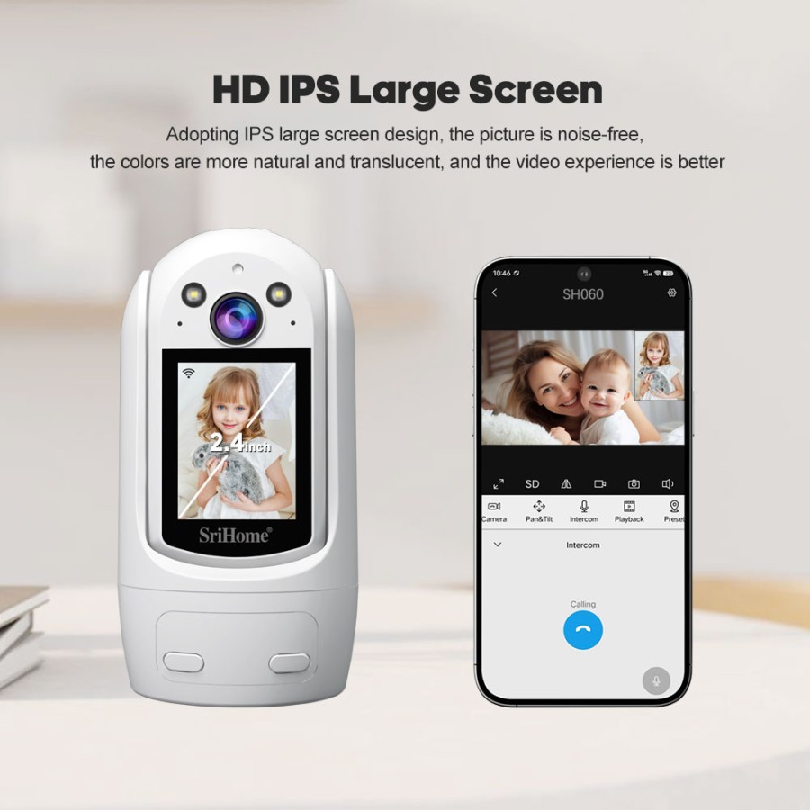 SH053 SRIHOME PTZ: Smart home security. 2MP HD, 2.4" screen, 2-way talk, human detection, night vision.