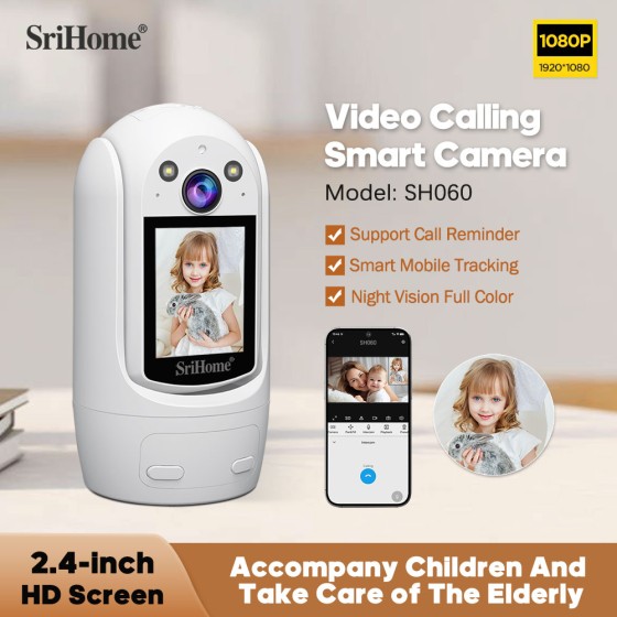 SRIHOME SH060 PTZ  Camera, 2MP FHD, schermo 2,4 pollici, videochiamate bidirezionali Rilevamento umanoide,Night Vision