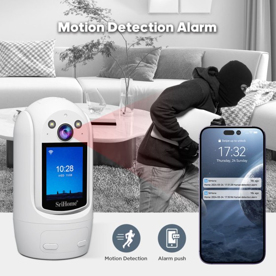 SH053 SRIHOME PTZ: Smart home security. 2MP HD, 2.4" screen, 2-way talk, human detection, night vision.