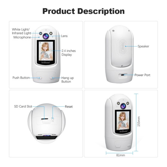 SH053 SRIHOME PTZ: Smart home security. 2MP HD, 2.4" screen, 2-way talk, human detection, night vision.