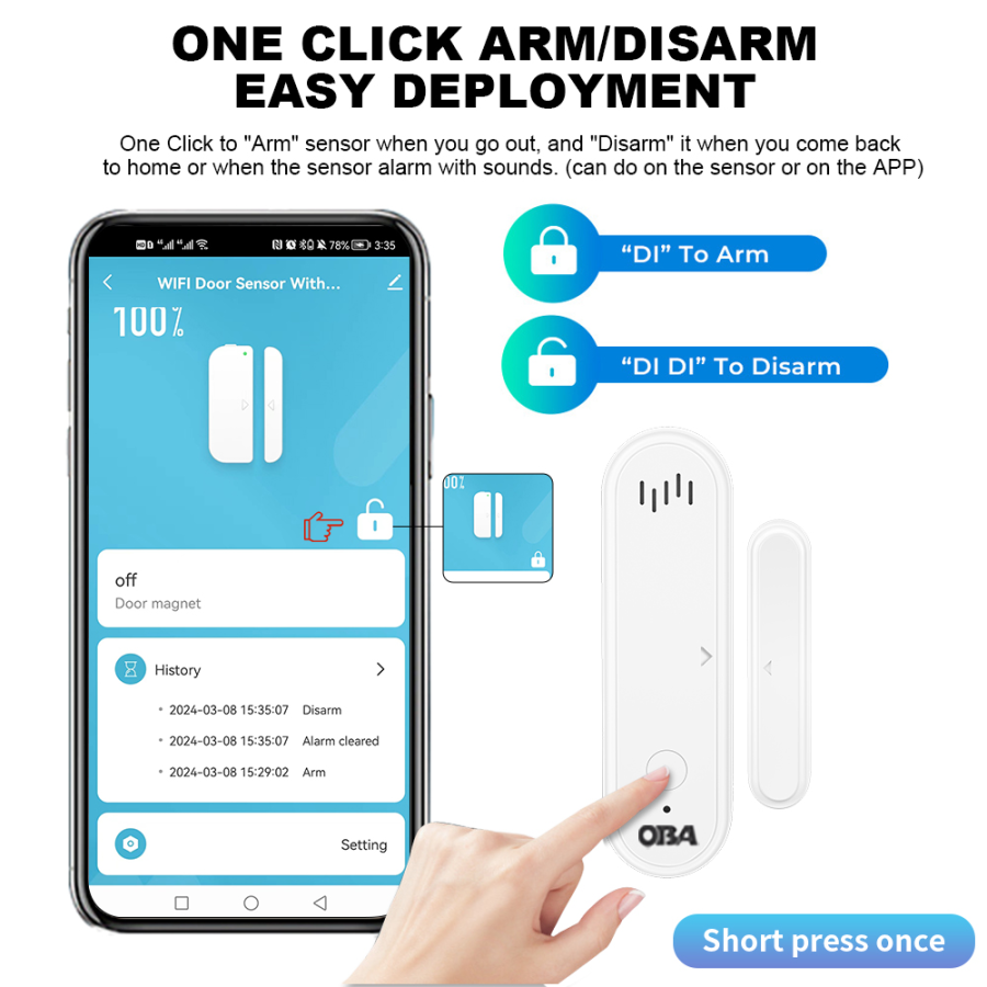 OBA-DRW22 Tuya Smart WiFi Door/Window Alarm, Siren, App, Alexa, Google Home