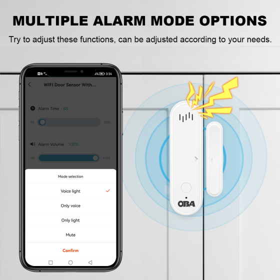 OBA-DRW22 Tuya Smart WiFi Door/Window Alarm, Siren, App, Alexa, Google Home