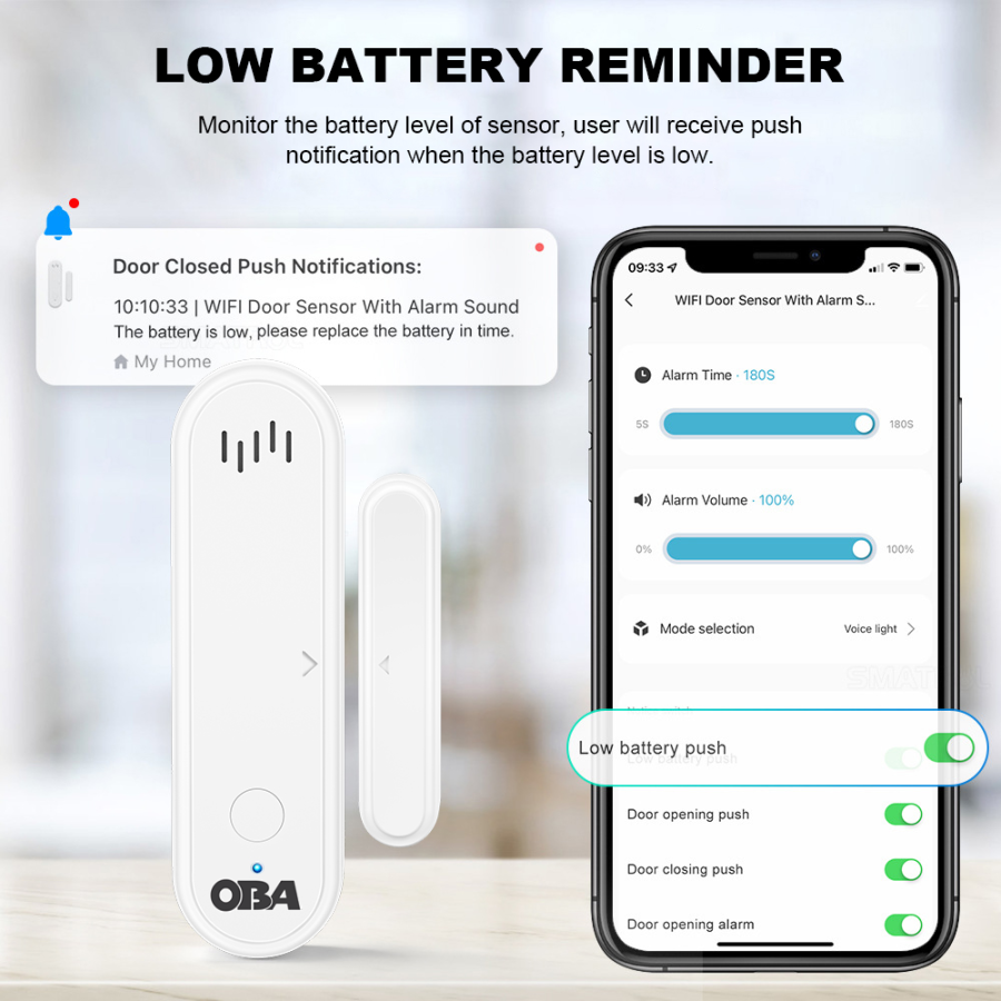 OBA-DRW22 Tuya Smart WiFi Door/Window Alarm, Siren, App, Alexa, Google Home