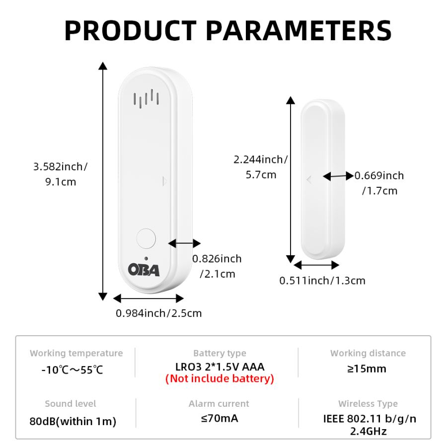 OBA-DRW22 Tuya Smart WiFi Door/Window Alarm, Siren, App, Alexa, Google Home