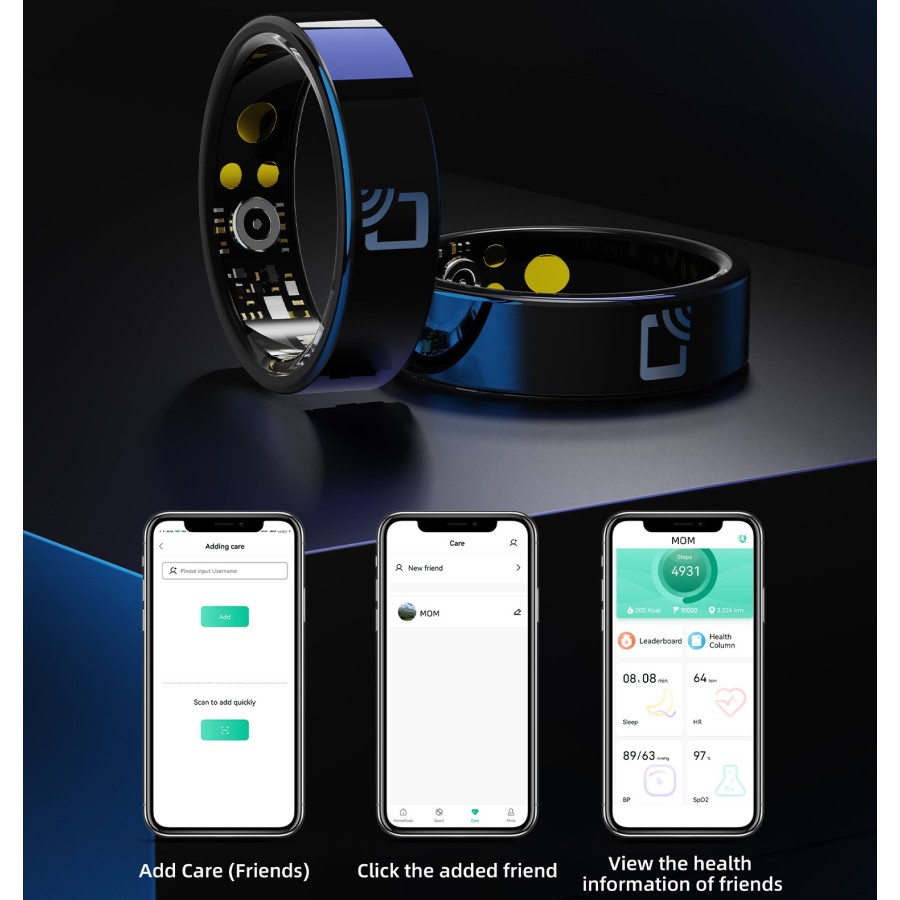 Oba Ring-R10 Anello smart Conta Passi,Distanza,Calorie,Frequenza cardiaca,Qualità del sonno,Livello Stress,Ossigeno sangue, APP