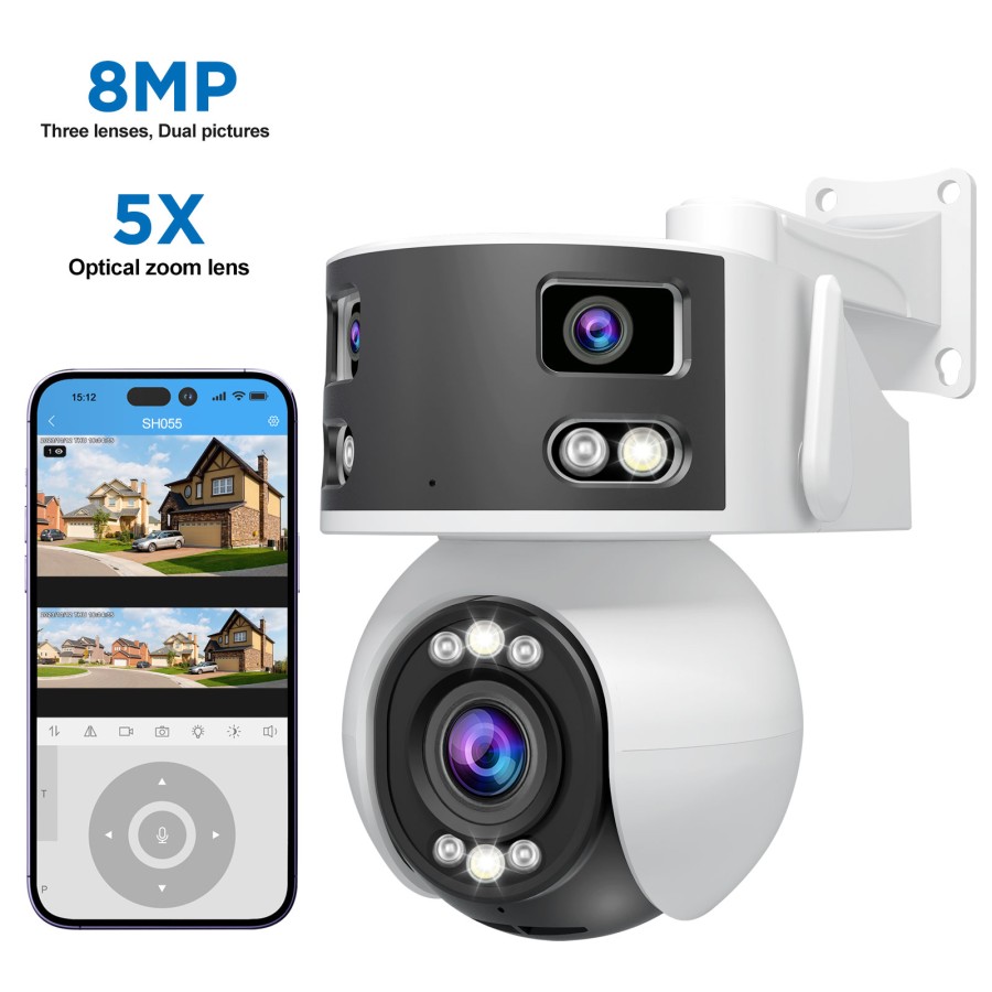 SH055 Triple Lens Security Camera: 8MP, AI, Optical Zoom, Starlight Night Vision, Audio