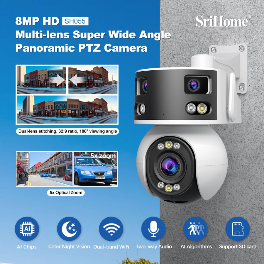 SH055: Telecamera di Sicurezza 8MP con AI, Zoom Ottico, Visione Notturna Starlight, Audio, Tripla lente