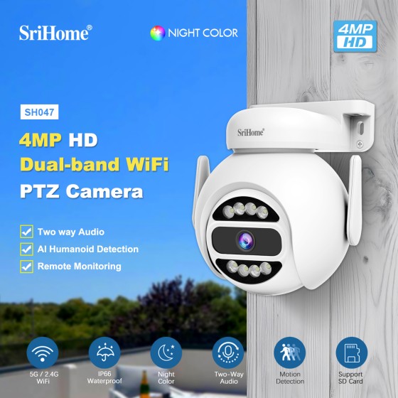 SRIHOME 4MP Dual Band WiFi, PTZ Surveillance Camera, Motion Tracking, Night Vision, IP66, 2-Way Audio, Indoor/Outdoor Use