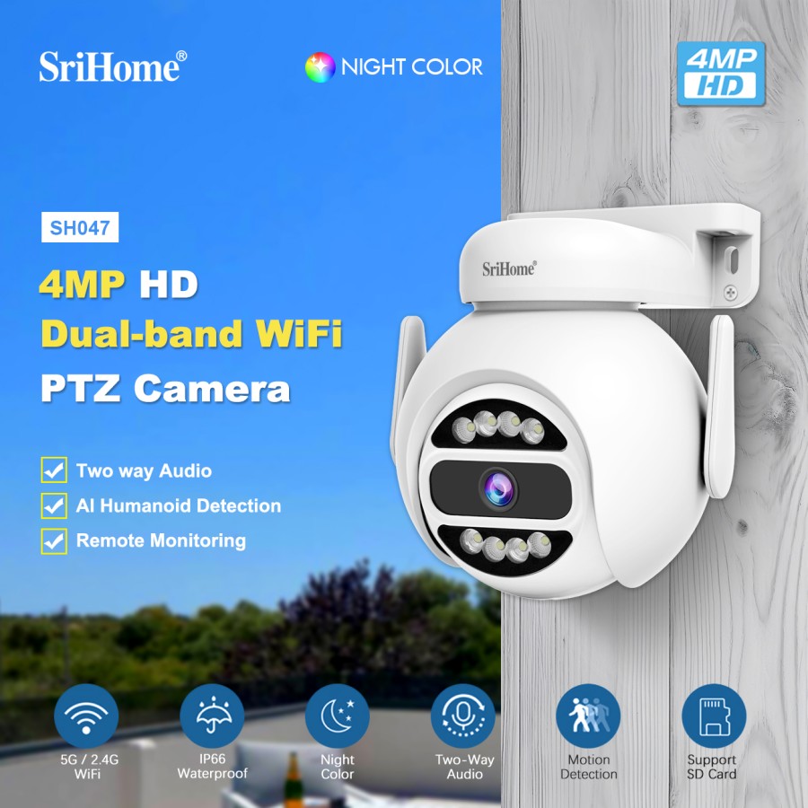 SRIHOME 4MP Dual Band WiFi, PTZ Surveillance Camera, Motion Tracking, Night Vision, IP66, 2-Way Audio, Indoor/Outdoor Use