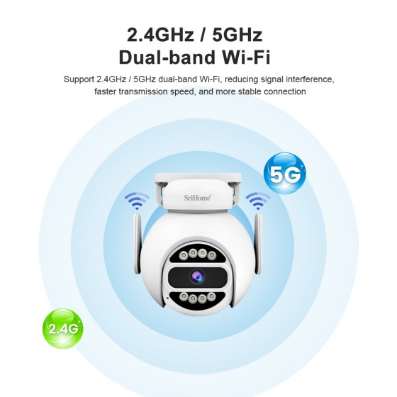 SRIHOME 4MP WiFi Doppia Banda, telecamera di Sorveglianza PTZ,motion, Visione Notturna, IP66, Audio 2-Way,Uso Interno/Esterno