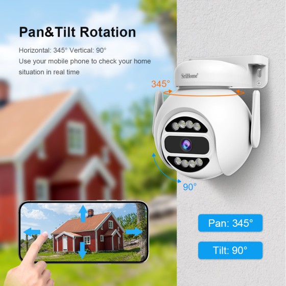 SRIHOME 4MP WiFi Doppia Banda, telecamera di Sorveglianza PTZ,motion, Visione Notturna, IP66, Audio 2-Way,Uso Interno/Esterno