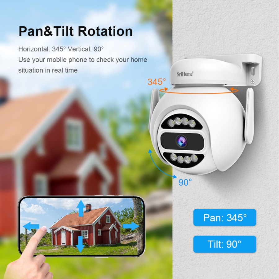 SRIHOME 4MP Dual Band WiFi, PTZ Surveillance Camera, Motion Tracking, Night Vision, IP66, 2-Way Audio, Indoor/Outdoor Use