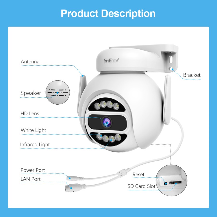 SRIHOME 4MP Dual Band WiFi, PTZ Surveillance Camera, Motion Tracking, Night Vision, IP66, 2-Way Audio, Indoor/Outdoor Use