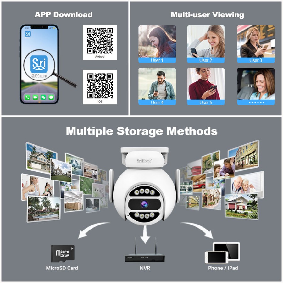 SRIHOME 4MP WiFi Doppia Banda, telecamera di Sorveglianza PTZ,motion, Visione Notturna, IP66, Audio 2-Way,Uso Interno/Esterno