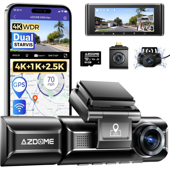 AZDOME M550 MAX 4K 3-Channel Dash Cam, 4K+1080P+2.5K Car Camera, WiFi GPS, 3.19" IPS Car Dash Cam with 64G SD Card