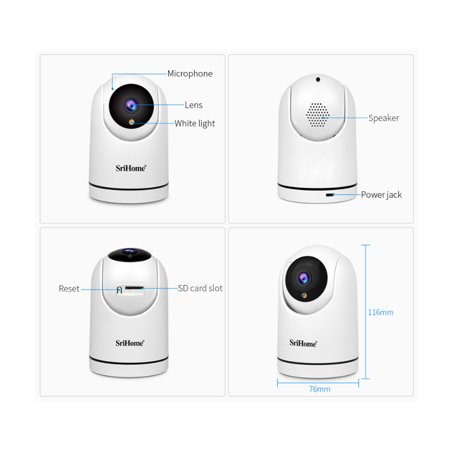 Telecamera wifi SriHome con auto tracking e supporto SD - la soluzione perfetta per la videosorveglianza di casa e ufficio.